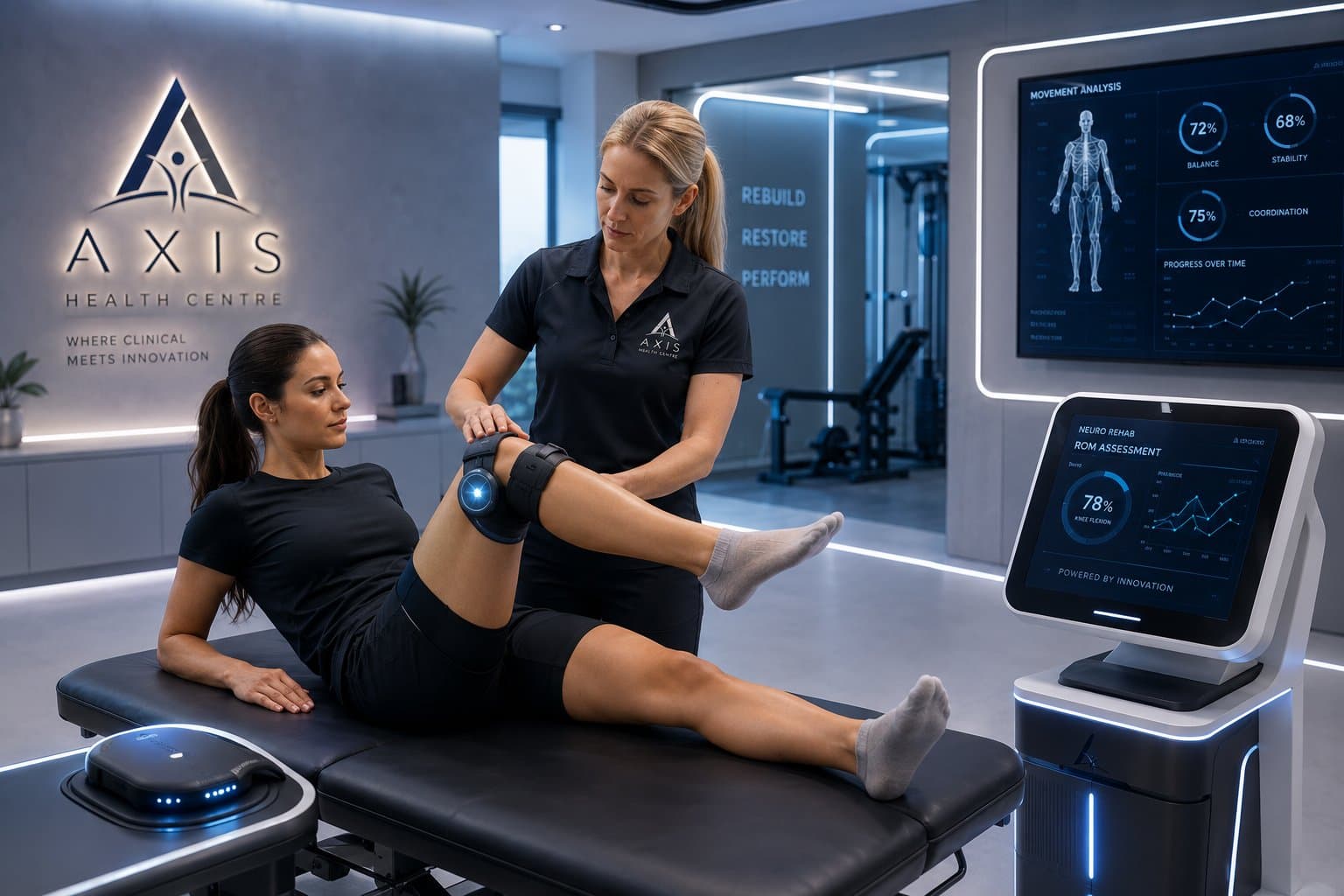 Physiotherapist guiding a patient through movement analysis technology at Axis Health Centre